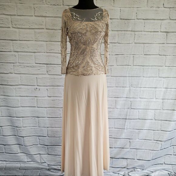 Pisarro Nights Blush Sheer 3/4 sleeve Beaded Gown Formal Womens Size 4 Rayon - Picture 6 of 10